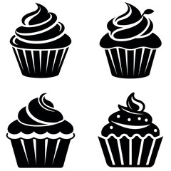 Black and White Cupcake Illustrations Set Featuring Swirls, Leaf Detail and Decorative Toppings