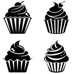 Black and White Cupcake Silhouettes Four Varied Designs, Cherries and Sprinkles Included