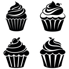 Four Black and White Cupcake Silhouette Illustrations with Different Topping Styles on White