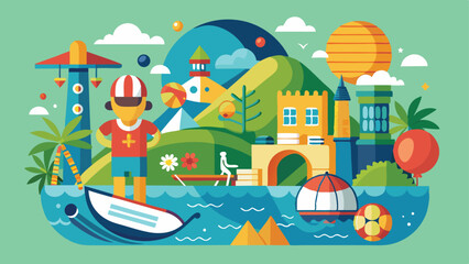 Stylized Tropical Resort Illustration Featuring Boat, Palm Trees, Mountain Landscape, and Cartoon People Figures
