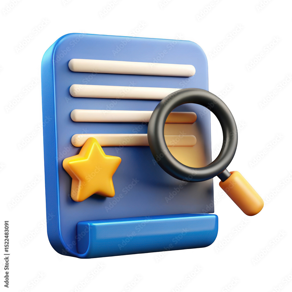 Poster 3d realistic document review icon with magnifying glass isolated on transparent background