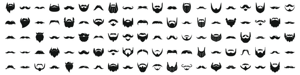 icons set. Wide variety of mustache and beard styles are displayed as black icons, perfect for representing male facial hair trends