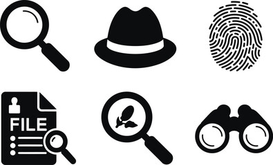 Detective investigation elements: magnifying glass, fingerprint, hat, file, binoculars, clue icon set editable stock vector illustration