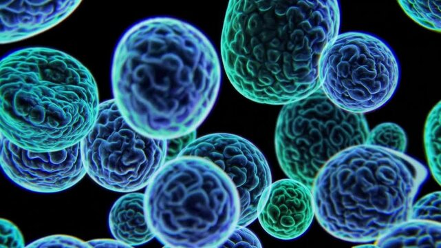 Microscopic virus cells drifting across dark background, revealing intricate biological structures and viral movement through scientific visualization
