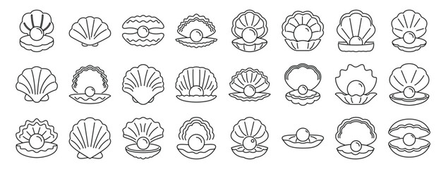 Seashells pearls icons set. Collection of various pearl oyster icons representing open and closed shells, some containing pearls, in a simple line art style
