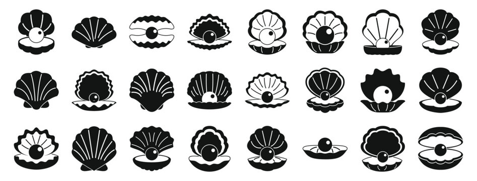 Seashells pearls icons set. Various black silhouettes of pearl oyster shells, some open revealing a precious pearl and some closed, creating a visually appealing set of icons