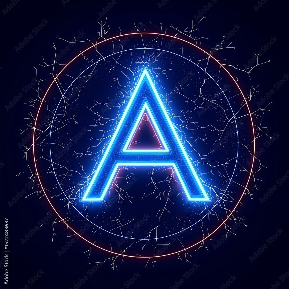 Poster illuminated letter a with blue neon glow and circular frame on a dark background with crackled patte