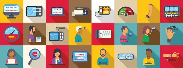 Lie detector test icons set. Polygraph machine measuring physiological responses during interrogation to detect truth and lies, used in criminal investigations and security screenings © anatolir