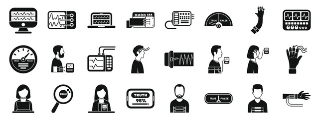 Lie detector test icons set. Set of icons depicting various lie detection methods and equipment