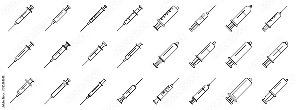 Poster plastic syringe icons set. collection of different syringe designs in a minimalist linear format