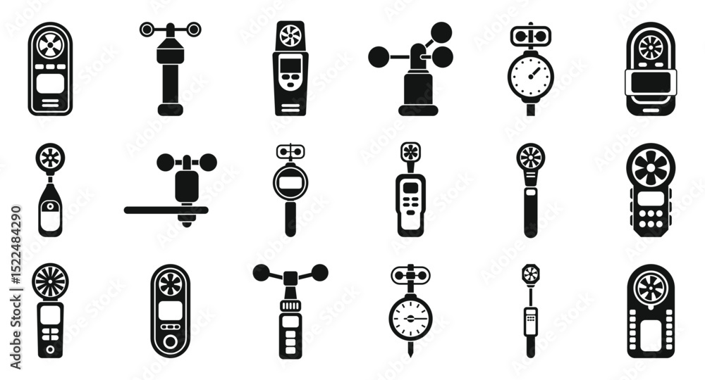 Poster anemometer icons set. collection of anemometers and wind vanes for measuring wind speed and directio