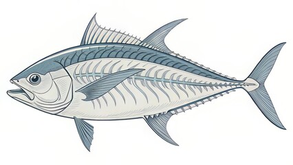 Obraz premium A skeletal blueprint-style tuna drawing in grey, stripped of internal detail but retaining realistic shape and fin anatomy.