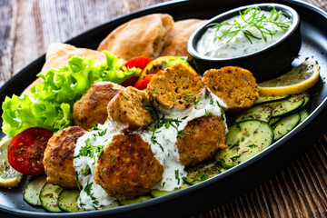 Fried meatballs with tzatziki sauce and pita bread on wooden table. Greek style food