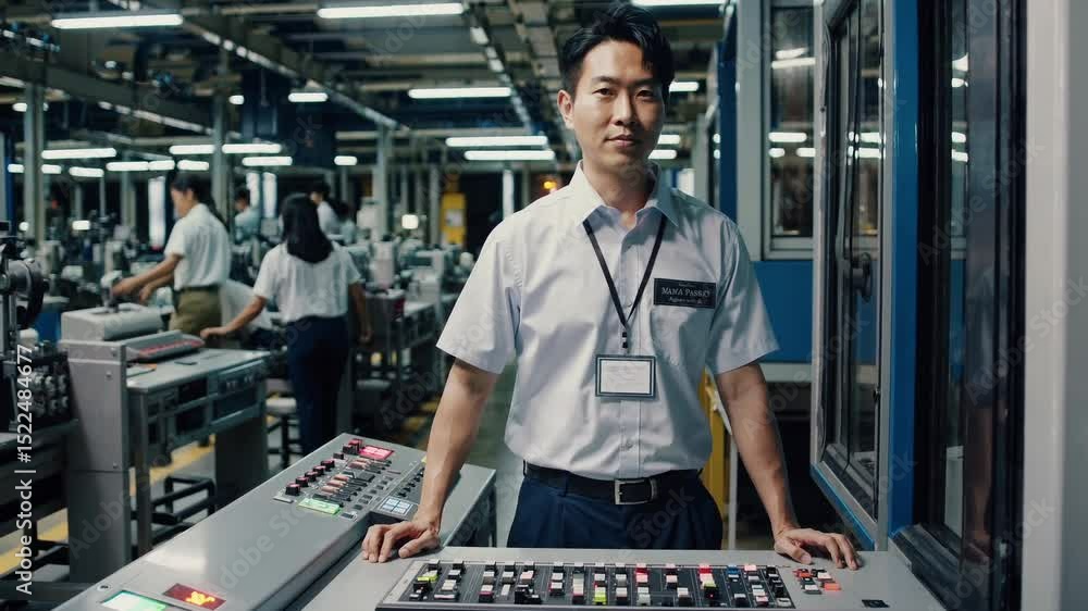 Aufkleber operator monitors equipment in a modern factory setting during daylight hours with a focus on produc