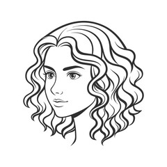 Woman with curly hair line art portrait isolated on transparent background