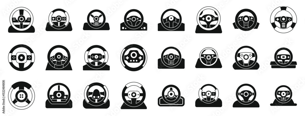 Poster game controller steering wheel icons set. set of diverse steering wheel icons representing various g