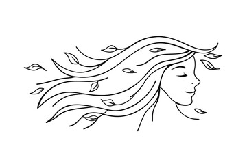 Elegant line art illustration of a woman with flowing hair and autumn leaves