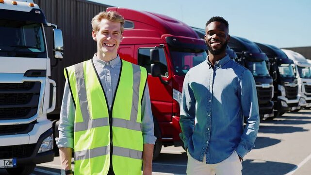 Truck drivers showcase teamwork at transportation yard in bright sunlight