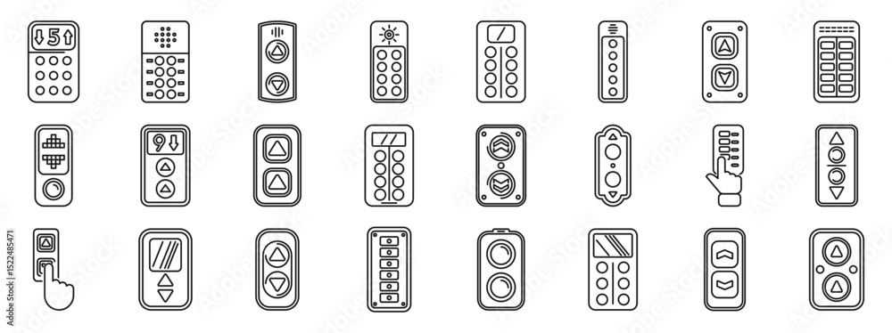 Poster elevator control panel icons set. line art icons representing elevator buttons, control panels, and 