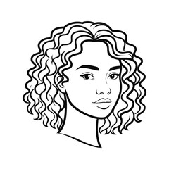 Woman with curly hair line art portrait isolated on transparent background