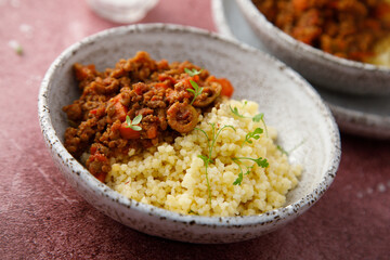 Beef ragout with olives and couscous