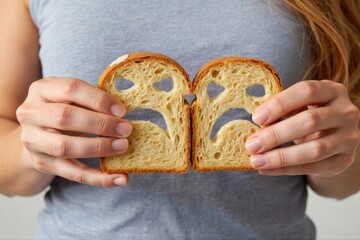 Illustrating the Emotional Strain of Dieting: Woman's Hands Holding Bread Slices with Sad Faces