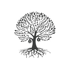 Fototapeta premium Green vector tree silhouette with roots and leaves, a symbol of nature and growth