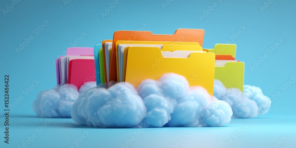 Aufkleber colorful folders floating above a blue cloud on a clean background representing cloud storage and di