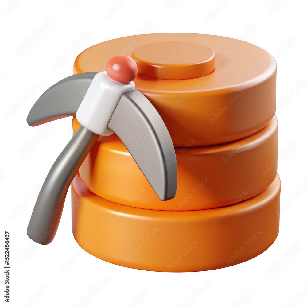 Aufkleber 3d render of orange database with pickaxe isolated on transparent background