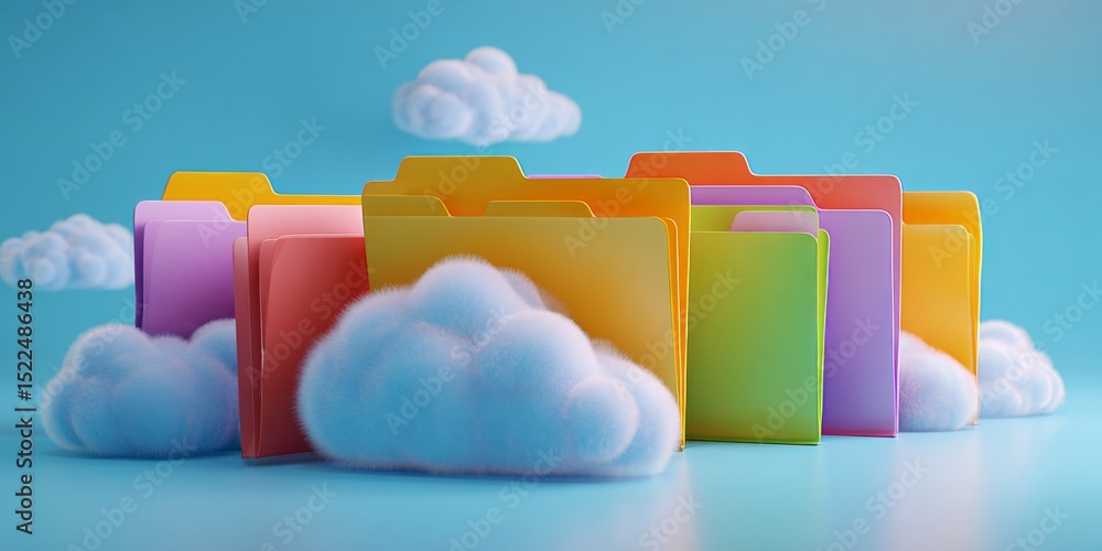 Aufkleber colorful folders floating above a blue cloud on a clean background representing cloud storage and di