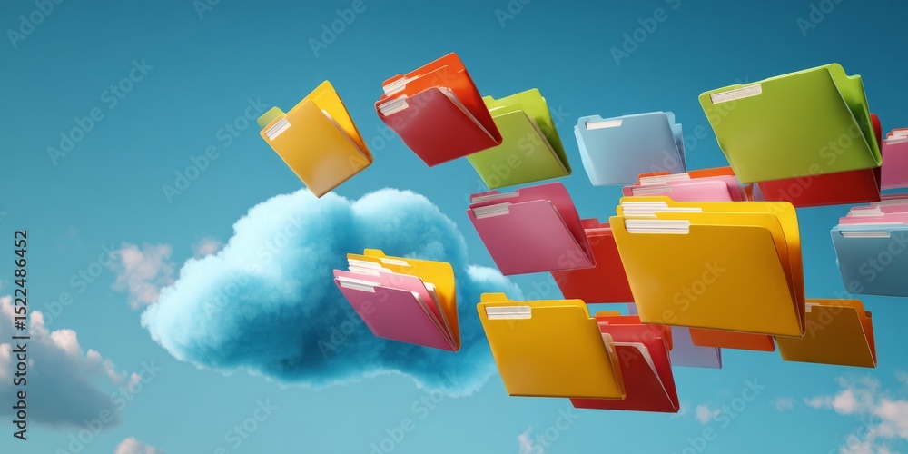 Aufkleber Colorful folders floating above a blue cloud on a clean background representing cloud storage and digital file management solutions