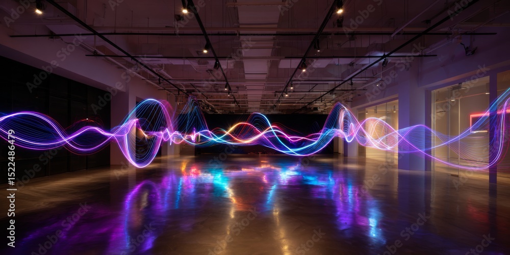 Poster Immersive digital art installation showcasing interactive technology with vibrant neon colors and dynamic visual patterns illuminating a modern space