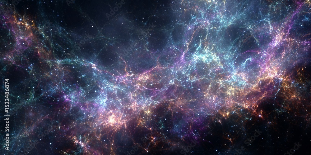 Poster vibrant cosmic web with colorful galactic structures and stellar background for science and technolo