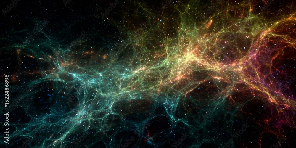 Poster vibrant cosmic web with colorful galactic structures and stellar background for science and technolo