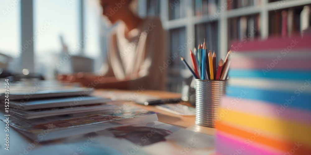 Poster person working on creative project with bookshelf full of colorful books and modern designing tools 