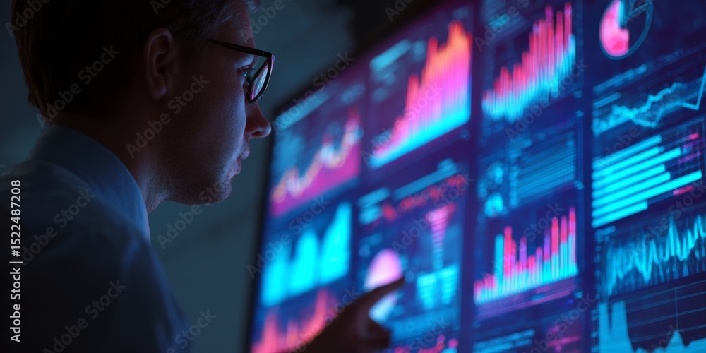 Poster Man Analyzing Colorful Data Visualizations on Digital Interface with Charts and Graphs in a Futuristic Setting Surrounded by Abstract Elements