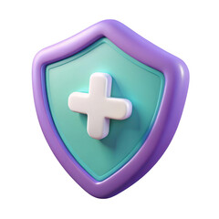 Obraz premium 3D medical shield icon with cross, purple and teal health protection symbol, glossy plastic security shield for healthcare and insurance apps