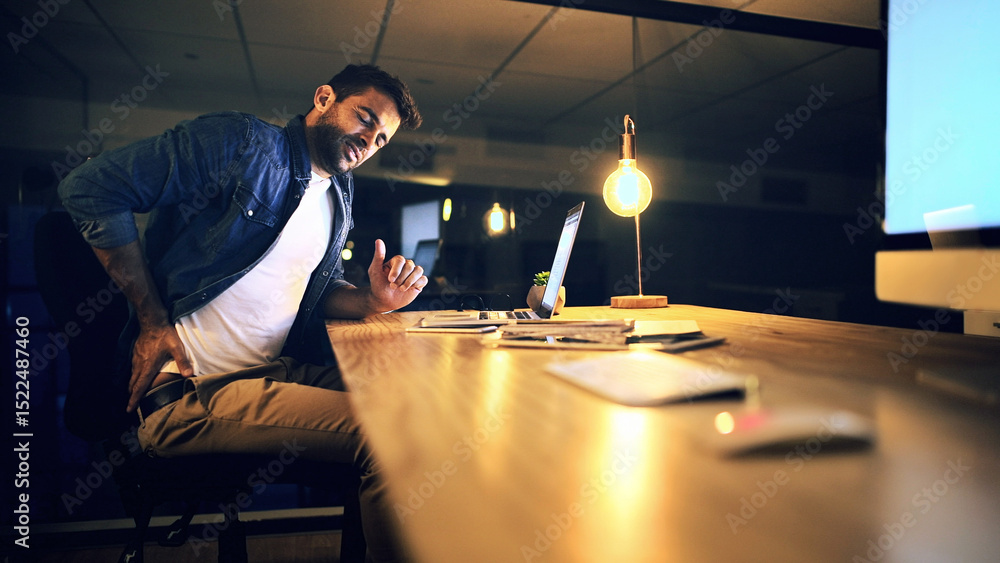 Poster laptop, back pain and programmer at night for research, web design deadline or office project. creat