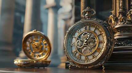 Ornate antique pocket watch on a wooden surface.
