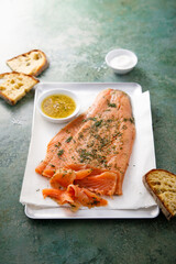 Traditional salted salmon with mustard sauce