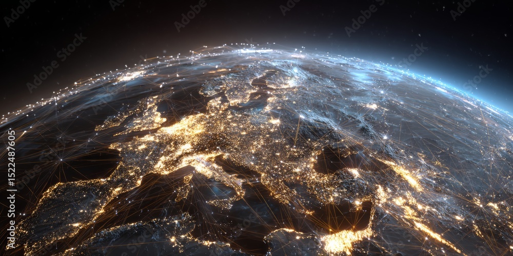 Poster Global Connectivity and Network: Artistic View of Earth with Illuminated Cities and Connections Representing Technology and Communication at Night