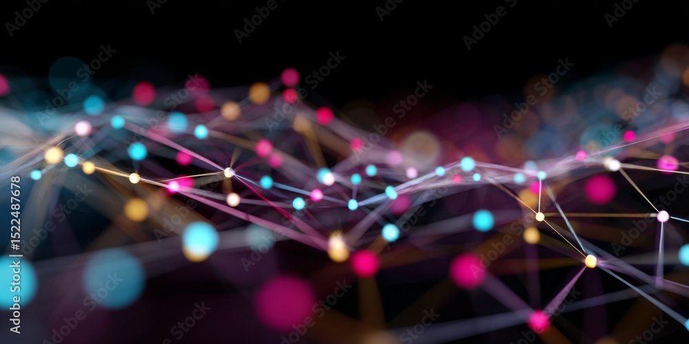 Leinwandbilder Abstract connection network with colorful dots and lines representing data flow, technology, and communication across digital space