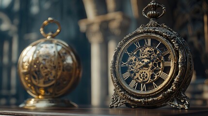 Ornate antique clocks, showcasing intricate mechanisms.