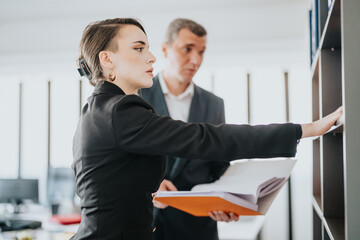 Professional colleagues discussing and organizing documents in a contemporary office workspace