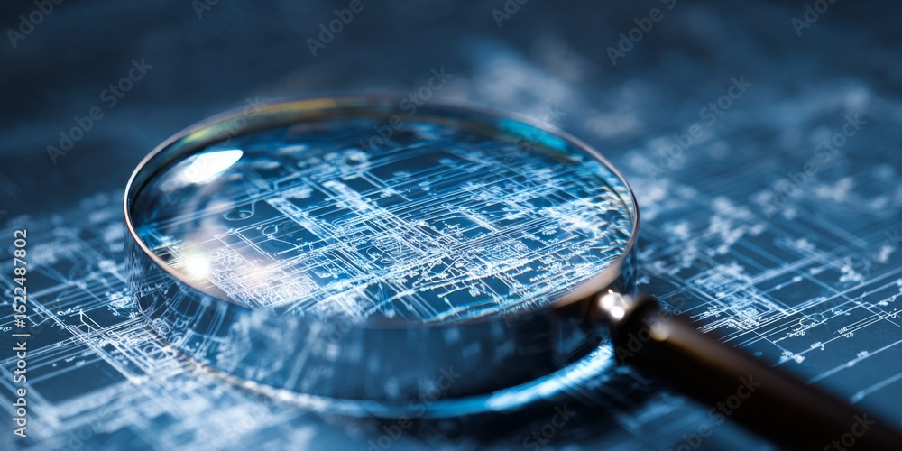 Poster Abstract close-up of a magnifying glass over a blueprint design displaying illuminated connections, data, and technology representation for digital themes