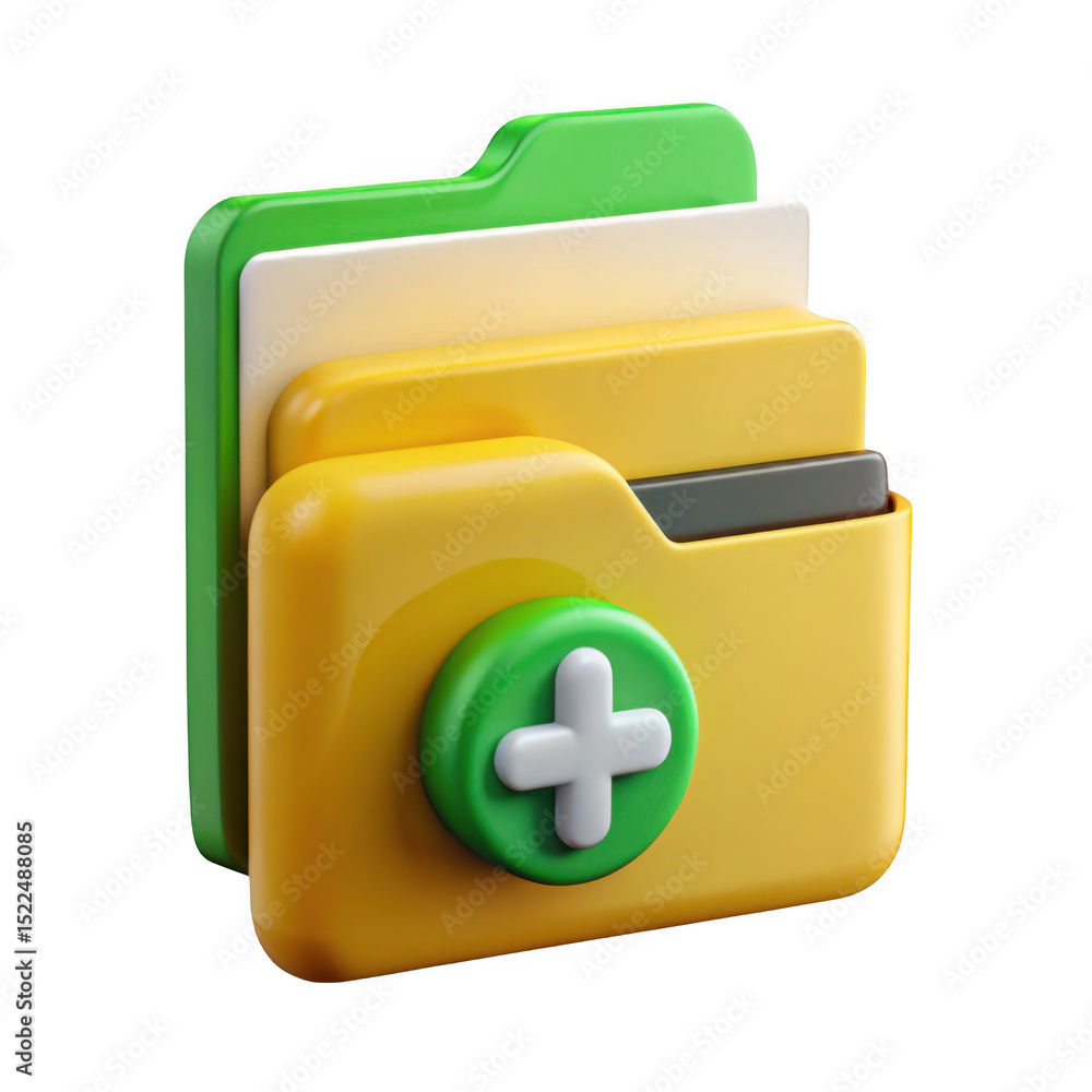 Poster 3d render of yellow and green add file folder icon isolated on transparent background