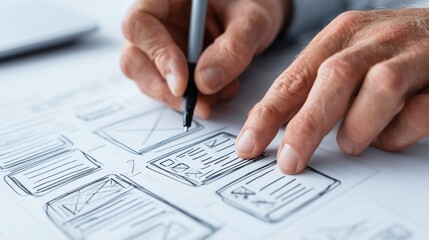 Designing wireframe layout on paper with pen, User interface planning in development stage, Suitable for UX design or web project concept