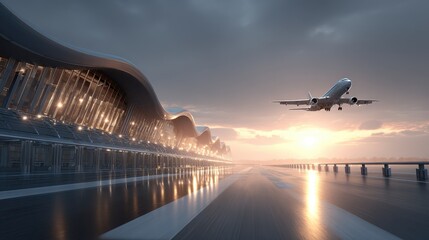 Modern Airport Terminal with Airplane Taking Off