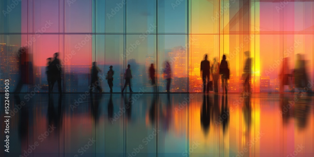 Poster Silhouetted People in Modern Office Space with Colorful Reflections and Bright Sunset Light Through Glass Windows, Creating a Dynamic Atmosphere