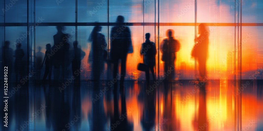 Poster Silhouetted People in Modern Office Space with Colorful Reflections and Bright Sunset Light Through Glass Windows, Creating a Dynamic Atmosphere